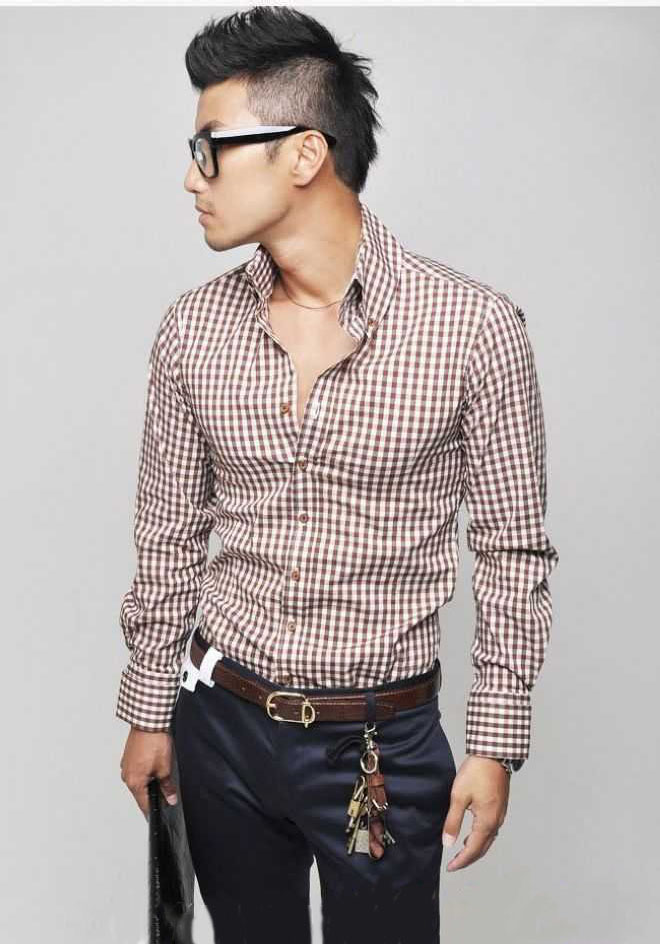 Plaid Shirt Korean Style Slim Sexy Stylish Color Casual Long Sleeve Dress Shirts