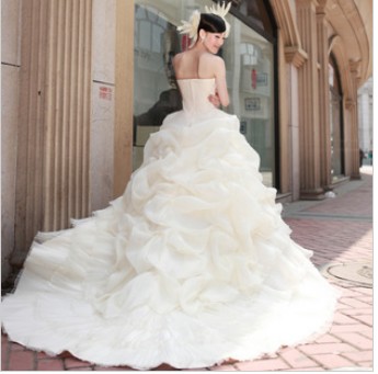 Floor Length A-Line Strapless Chapel Train Satin Bride Dresses