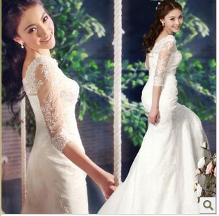 Lace Long Sleeve Sheath Column Chapel Train Bride Dresses