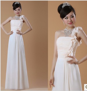 White Chiffon One Shoulder with Flowers Floor-Length Bride Dresses
