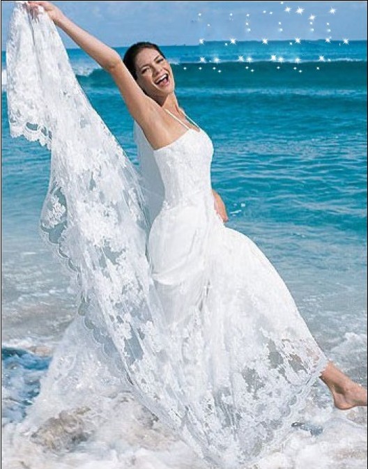 Halter Lace Satin Richly Embellished Bow Floor Length Bride Dresses