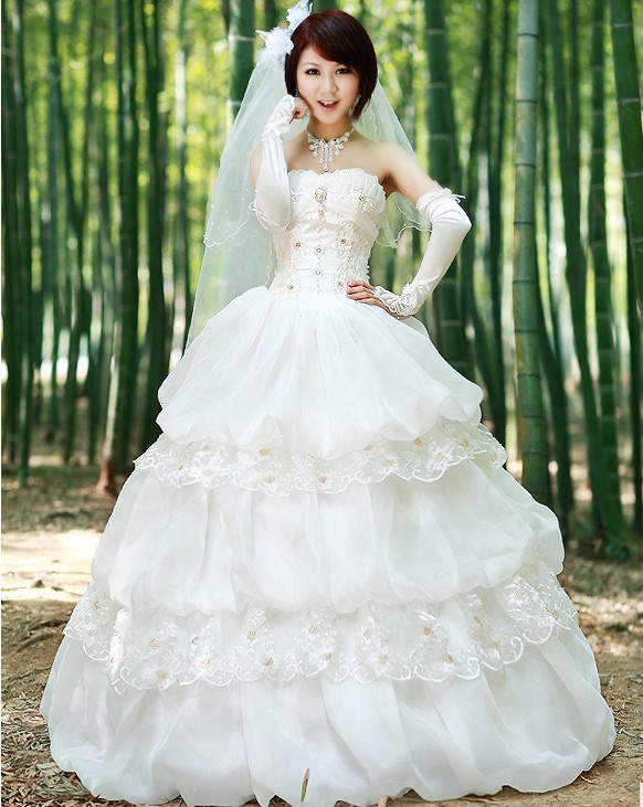 A-Line Strapless Chapel Train Organza Over Satin Bride Dresses