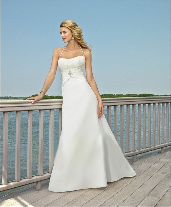 Puff Strapless Floor Length Beach Beaded Bride Dresses