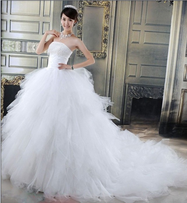 Korean A-Line Bead Off-The-Shoulder Scalloped-Edge Bride Dresses