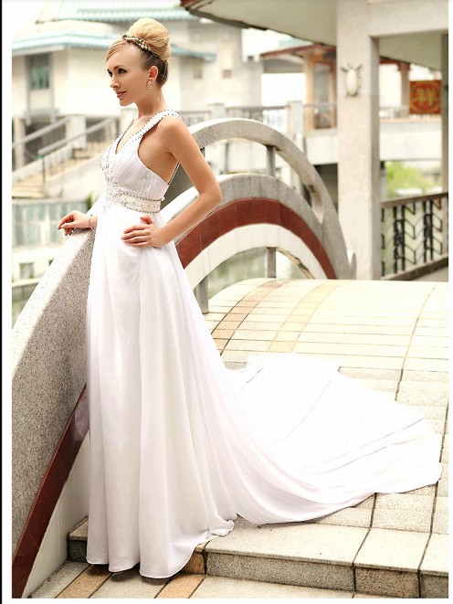 Empire V-Neck Chapel Train Chiffon Halter Bride Dresses