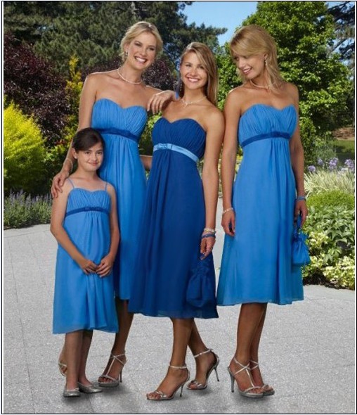 Blue A-line Knee-length Chiffon Strapless Bridesmaid Dresses