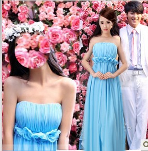 Blue Strapless Floor-length Chiffon Satin Bridesmaid Dresses