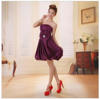 Strapless Fitted Shirred Ruffle Aubergine Tea-length Bridesmaid Dresses