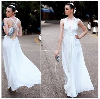 White Chiffon Floor-length Backless Beads Halter Bridesmaid Dresses