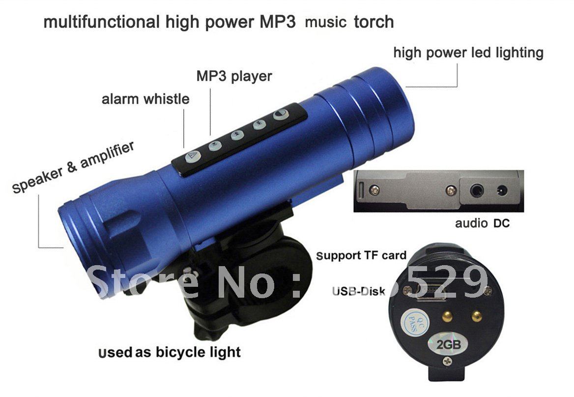 Free Shipping 2GB Memory Mp3 Magic Torch MP3 Music Player, Mini Gift Speaker, Bike Torch