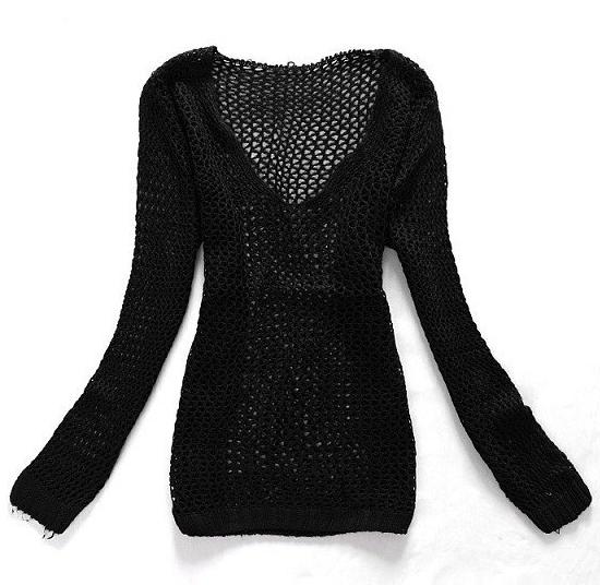 Long Sleeve Purity Hollow Out Sexy V-neck Fashion Sweater