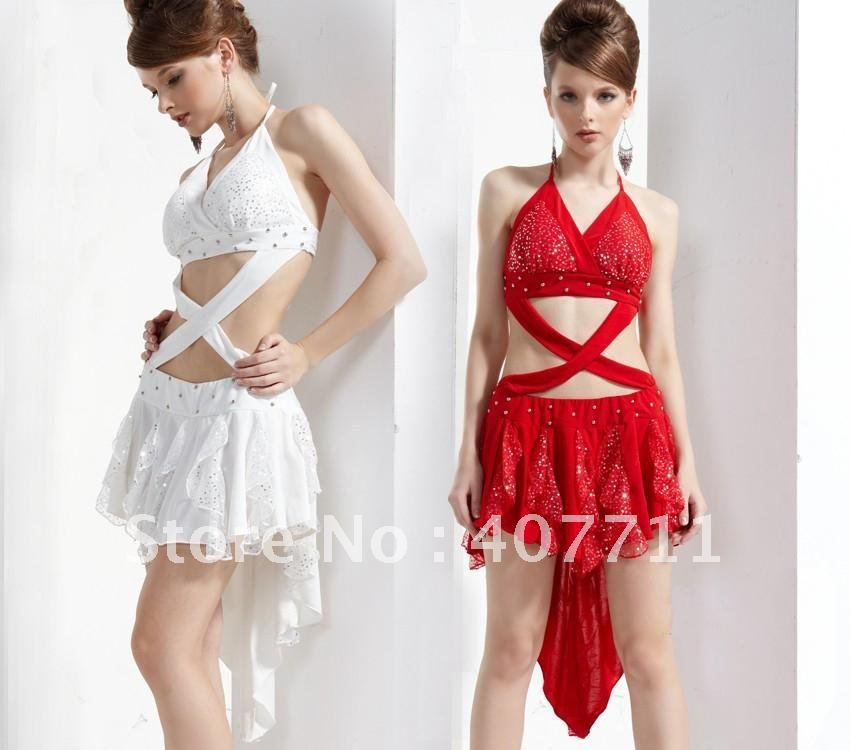 Latin Dance Skirt Equined Dress Costumes Night DS Fishtail Halter Dress Red / White  Latin Dance Skirt Equined Dress Costumes Night DS Fishtail Halter Dress Red / White
