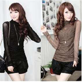 Europe And America Style Women's Pure Color Hign Neck Lace T-shirt  Europe And America Style Women's Pure Color Hign Neck Lace T-shirt