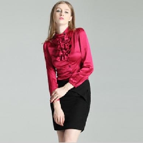 Women's Long Sleeve Pure Color Falbala Silk Leisure Shirts