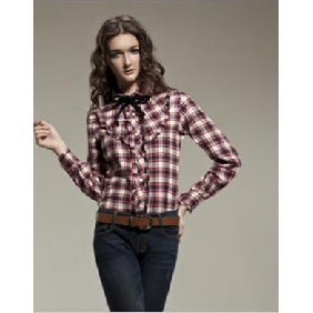 Women's Long Sleeve Lapel Grid Embroidery Pure Cotton Shirts
