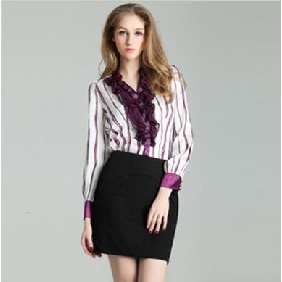 Office Lady's Stripe Agaric Edge Long Sleeve V-collar Shirts