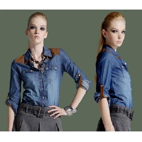 Super Cool Women's Long Sleeve Spell Color Adornment Pure Cotton Cowboy Shirts
