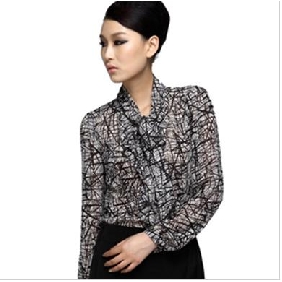 Personalized Women's Bowknot Falbala Chiffon Printing Long Sleeve Shirts