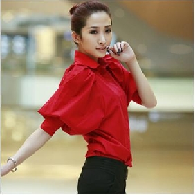 Women's Lantern Sleeve Lapel Cotton Pure Color Shirts