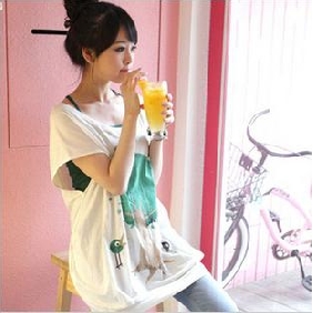 Women's Short Sleeve Loose Long Style Printing Pure Color T-shirts