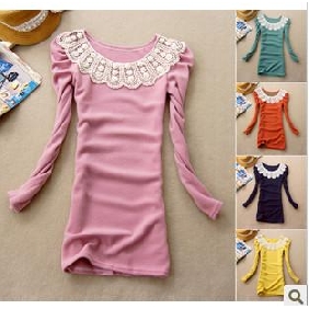 Women's Lace O-neck Show Thin Long Style Pure Color T-shirt