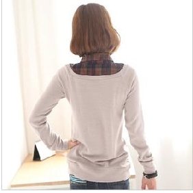 Women's Long Style Grid Lapel Pure Cotton T-shirt