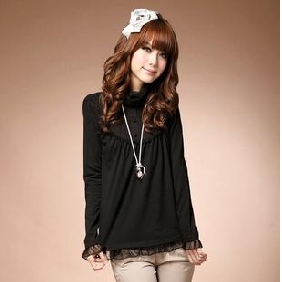Cute Girl's Long Sleeve High-necked Pure Color Lace Design T-shirt