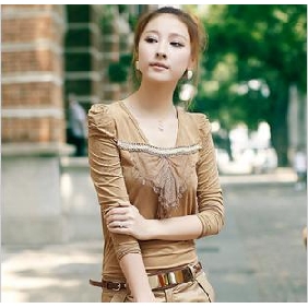 New Style Fashional Women's Long Bubble Sleeve Bowknot Rhinestone Decor T-shirt