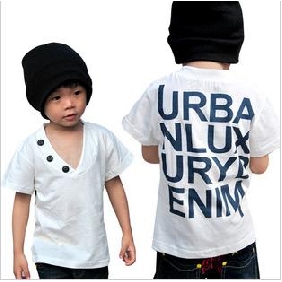 Boy's Pure Cotton Letter Decorative V-neck Summer T-shirt