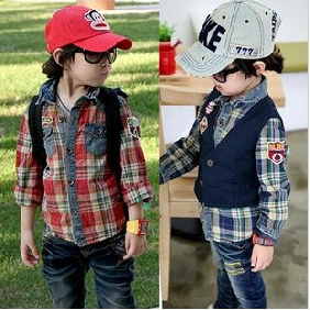 Children's Long Sleeve Grid Embroider Chapter Flax Lapel Shirts