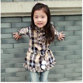 Children's Grid Lace College Style Beam Waist Long Sleeve Pure Cotton Shirts