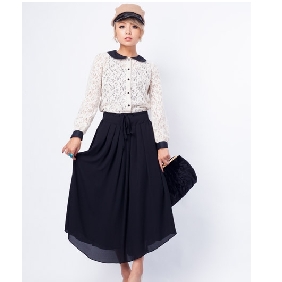 Fashional Hollow Out Lace Chiffon Spell Long Sleeve Doll Collar Shirts