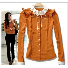 2012 New Arrival Retro Falbala Doll Collar Lace-up Bowknot Chiffon Shirts