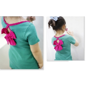 2012 New Children's Clothing Girls Summer Bow Short Sleeve Long T-shirt