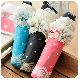 Two-tone Heart Lace Sweet Elegant Girl's Three Folding Umbrella